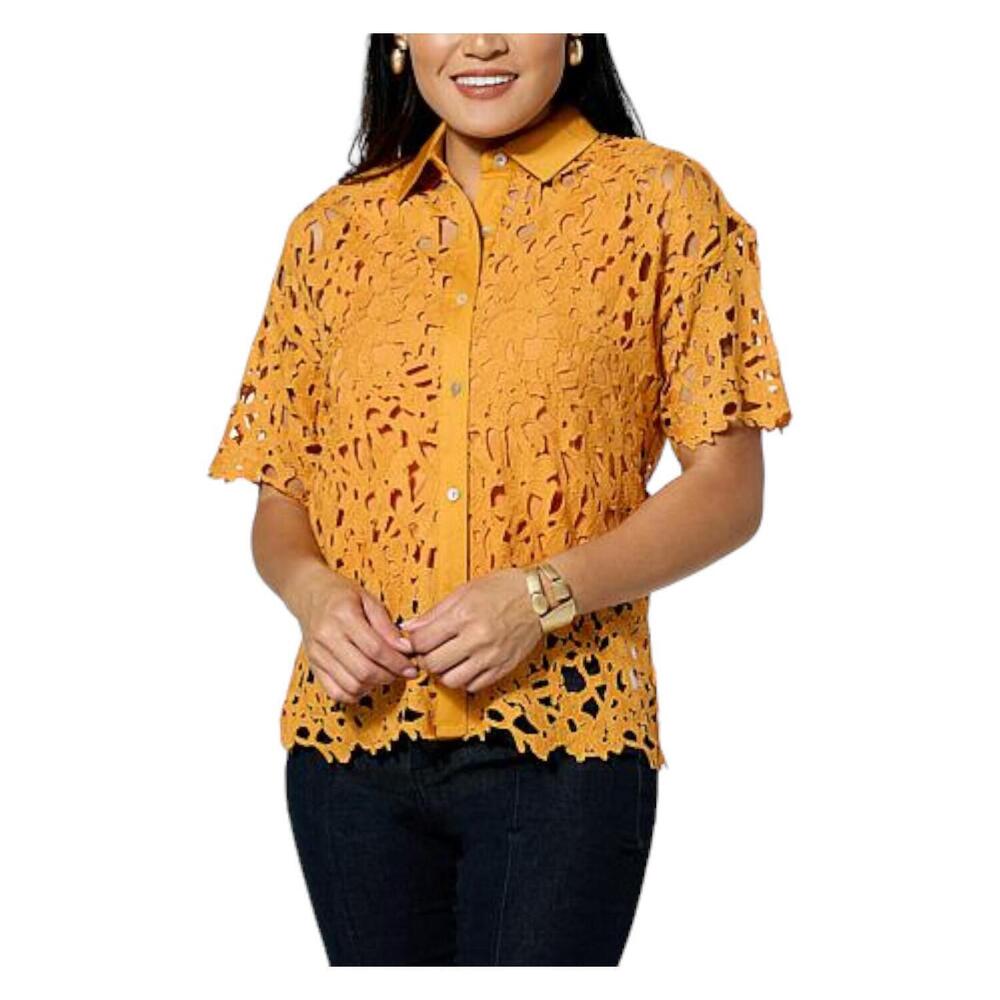 WynneCollection Women's Abstract Floral Lace Top Marigold - Regular